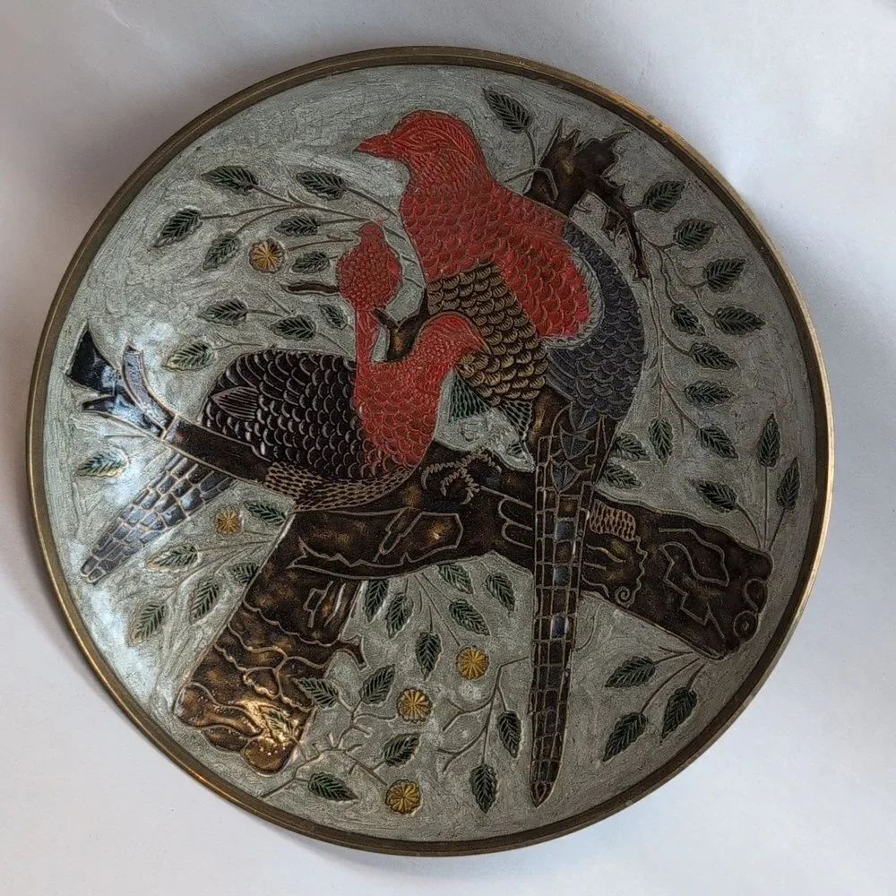Decorative Vintage Cloisonné Enamael Painted Brass Footed Pedestal Bowl
